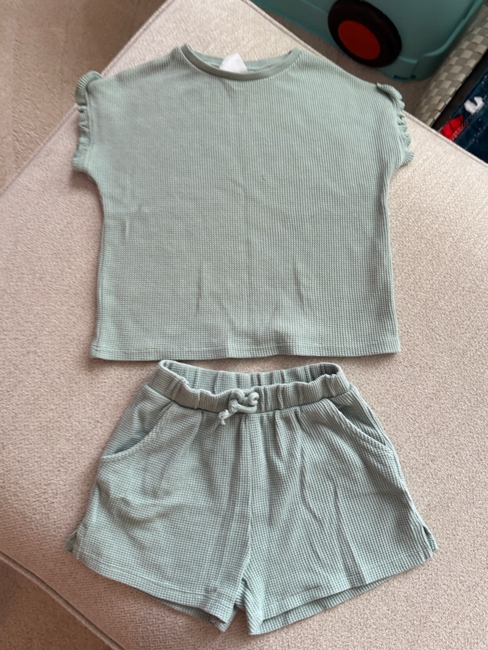 Zara Sage Green Ribbed Short Sleeve Top & Elastic Waist Shorts Set
